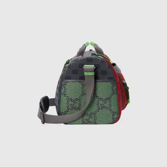 Gucci Men's Duffle Bag GG Jacquard Nylon & Rubber Large Color Gray-Green-Red - Picture 6 of 16